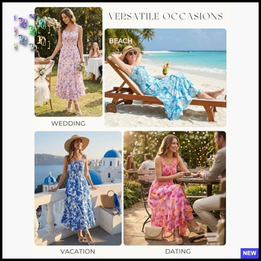 Floral Boho Maxi Dress Square Neck Strapped Swing A Line Sundress Beach - Picture 6 of 7